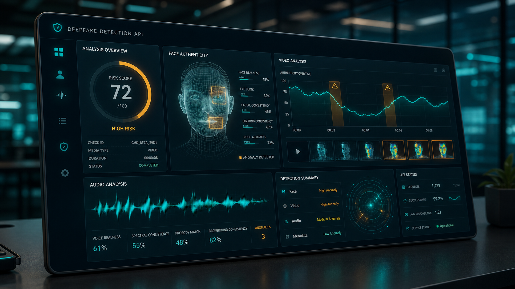 Deepfake Detection dashboard with face, video, and audio analysis